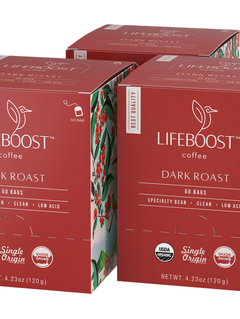 3x Dark Roast Lifeboost Go Bags - (10 bags in each) New Arrival